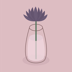 iolet blue aster flower in vase. Flowers, plant leaves. Glass vases with water. Ceramic Pottery decoration. Line doodle. Aesthetics modern style. Pink background. Flat design. Vector illustration