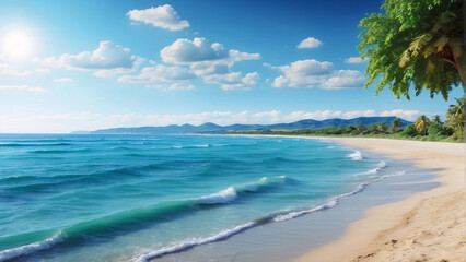 Pristine sandy beach with foamy waves crashing gently on the shore, surrounded by lush greenery and clear blue skies