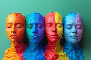 An artistic row of human heads with vibrant colored cling film, symbolizing diversity and unity