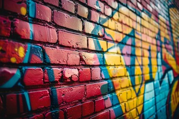 Close-up of colorful graffiti art on brick wall
