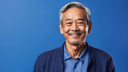 Elderly Asian man with a kindly smile and a casual blue shirt, conveying warmth and friendliness