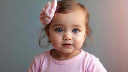 Close-up of a cute toddler girl with big blue eyes and pink bow in her light brown hair