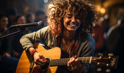 Woman Playing Guitar in Front of Microphone