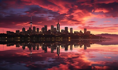 Majestic Sunset Reflecting Over Urban Waterfront