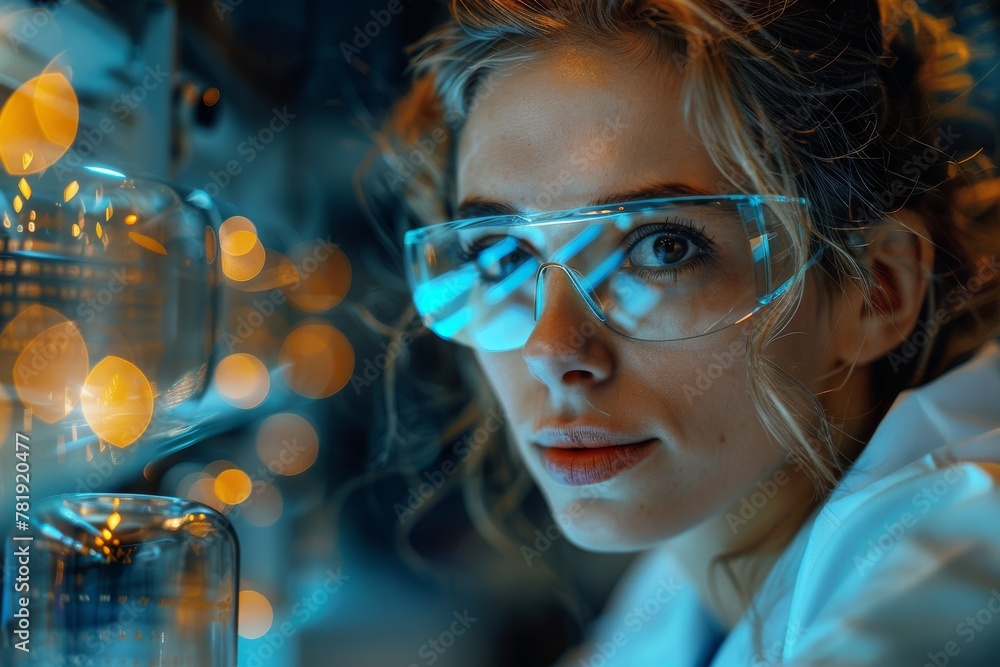 Poster an obscured scientist focuses on an experiment in a blue illuminated lab, suggesting precision and c
