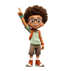 Afro boy pointing with index finger, 3D style, isolated on blank background.