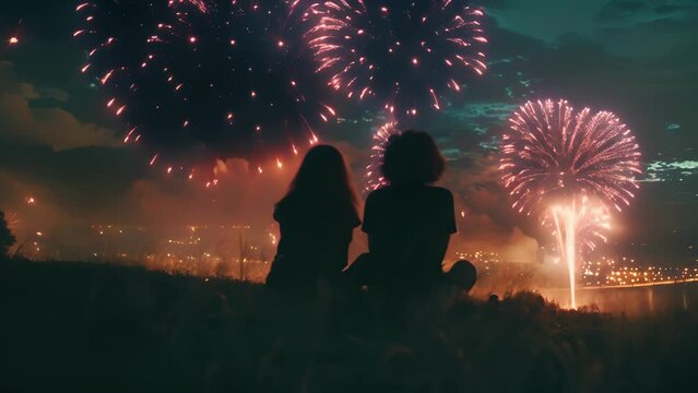 Two friends sit on a grassy hill their backs turned to the camera as they watch a breathtaking display of fireworks in the night sky. . .