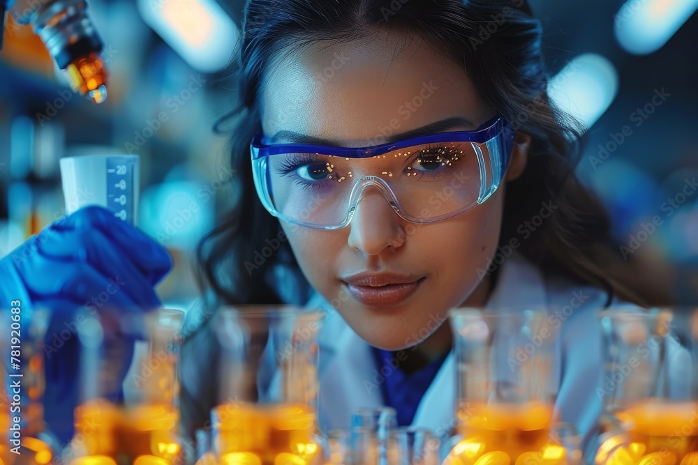 Poster an attentive female scientist precisely adds drops to test tubes during an experiment in a science l