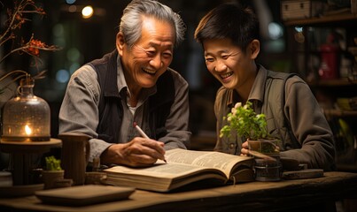 Older Man and Young Boy Reading Book Together