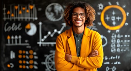 Man With Glasses Standing in Front of Chalkboard