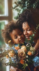 African American mother hugs her little daughter