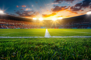Football stadium arena for match with spotlight. Soccer sport background, green grass field for...