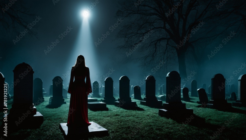 Poster a mysterious figure in a red cloak stands in a foggy graveyard, a beam of light from above creating 
