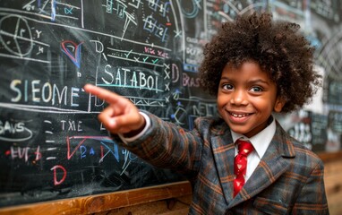 Young Boy in Suit Pointing at Blackboard