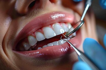 A detailed image showcasing the process of dental care during a patient's checkup with tools in use