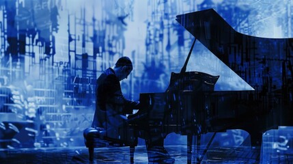 Pianist Immersed in Blue Abstract Artistic Light