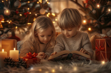 Obraz na płótnie Canvas children sitting around a Christmas tree, reading a book together with gifts on the floor and candles in front of them