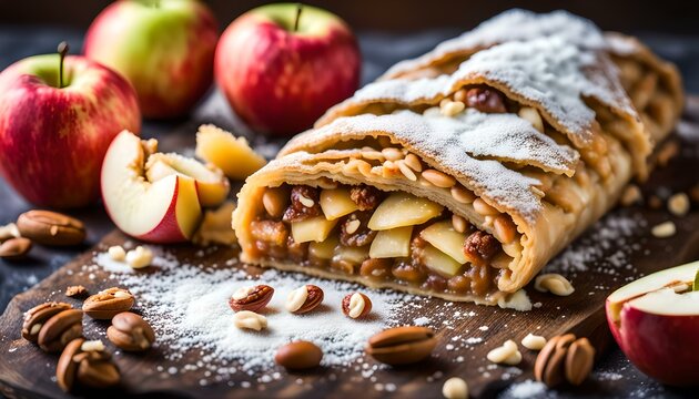 Homemade apple strudel with fresh apples, nuts and powdered sugar.
