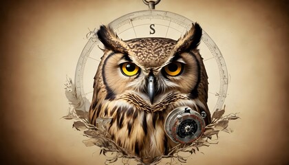 An-Owl-With-A-Compass-Symbolizing-Navigation-And- - obrazy, fototapety, plakaty