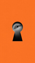 Kid looking into keyhole on orange background. Contemporary art collage. Playful and imaginative spirit. Conceptual design. Concept of creativity, abstract art, imagination and inspiration.