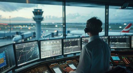 A group of air traffic controllers fix data on computer screens in an airport control tower, surrounded by modern technology and flight fortresses in the background