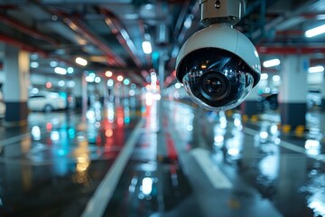 CCTV camera installed on an underground car parking, selective focus - obrazy, fototapety, plakaty
