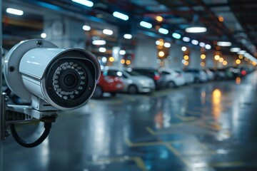 A security camera surveilling cars in a covered parking lot, selective focus