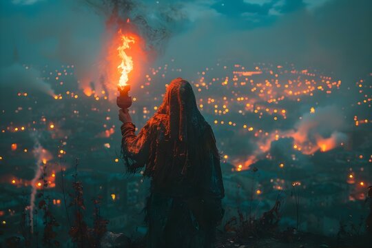 Mystic Guardian's Flame Over Nocturnal Cityscape. Concept Fantasy Photography, Magical Fire, Night Sky, Urban Landscape, Mythical Guardians