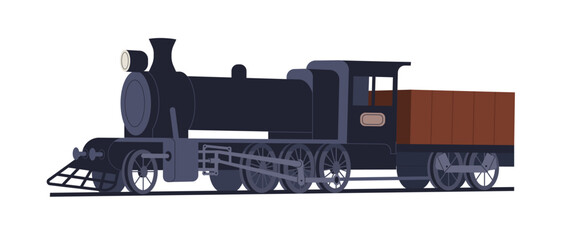 Vintage steam locomotive. Old 19th century train, classic retro railroad transport. Historical ancient victorian railway vehicle of 1900. Flat vector illustration isolated on white background