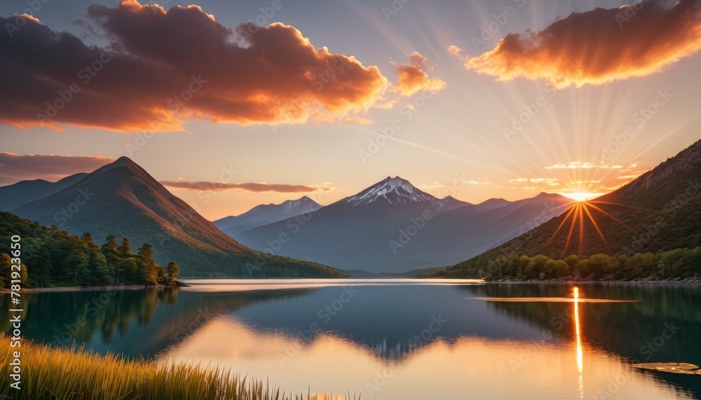 Poster a serene lake reflects the fiery hues of sunset with rays piercing through clouds over snow-capped m