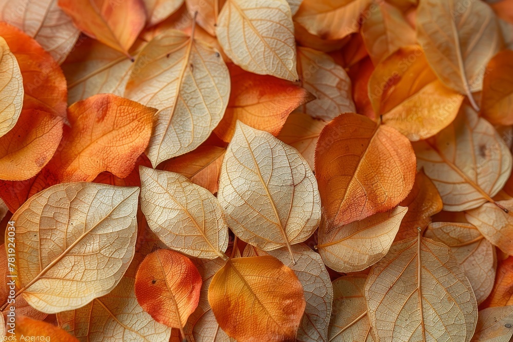 Poster a close-up of a cluster of autumn leaves showcases the intricate patterns and tones of fall's natura