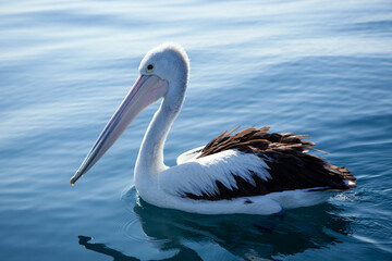 Portrait of a pelican floating on the blue ocean surface