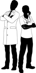 Male man and female woman doctors in silhouette outline