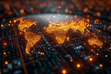 Digital representation of a glowing world map