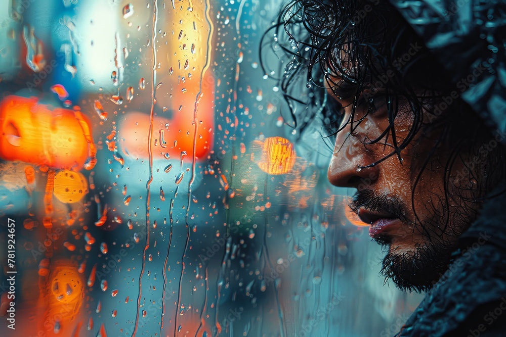 Poster a blurred cityscape with raindrops on a window creating an atmospheric bokeh effect, evoking emotion