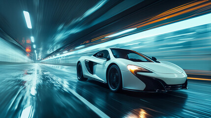 Obraz premium Sonic Snowfall: A White Supercar Unleashes Its Fury in a Blur of Autobahn Speed