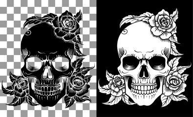 A skull and roses engraved woodcut etching design like a classic tattoo - 781925078