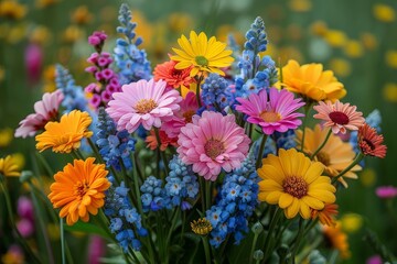 An eye-catching close-up of a collection of brightly hued flowers in a garden, showcasing the beauty of nature