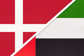 Denmark and United Arab Emirates or UAE, symbol of country. Danish vs Emirati national flags