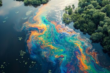 Vibrant oil slick on water surface from above, showcasing pollution yet creating an abstract beauty