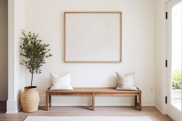 Simplified entryway with white wall and wooden bench