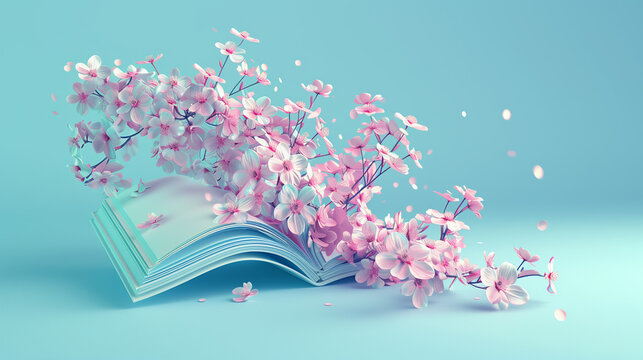 Striking image of a book with explosive pink flowers and petals resembling a creative wave of blossoms