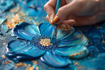 A close-up shot of an artist's hand painting an intricate blue flower with gold details on a canvas
