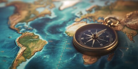 Classic compass on a vintage world map