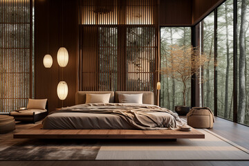Spacious bedroom with natural furniture in Zen style