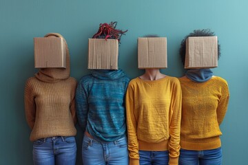 Four individuals stand in a row with cardboard boxes covering their heads, creating a metaphor for...