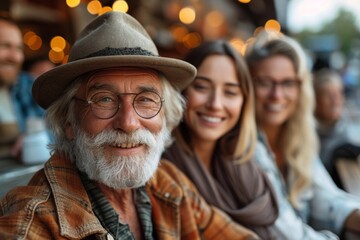 Cheerful senior man with a warm smile among friends, conveying community and joy - obrazy, fototapety, plakaty