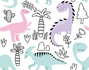 Cute dinosaur cartoon seamless pattern. 