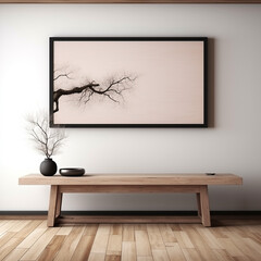 Wooden shelf with vase on the background of a light wall, minimalist interior