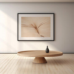 Wooden table against a white wall with a painting, minimalism